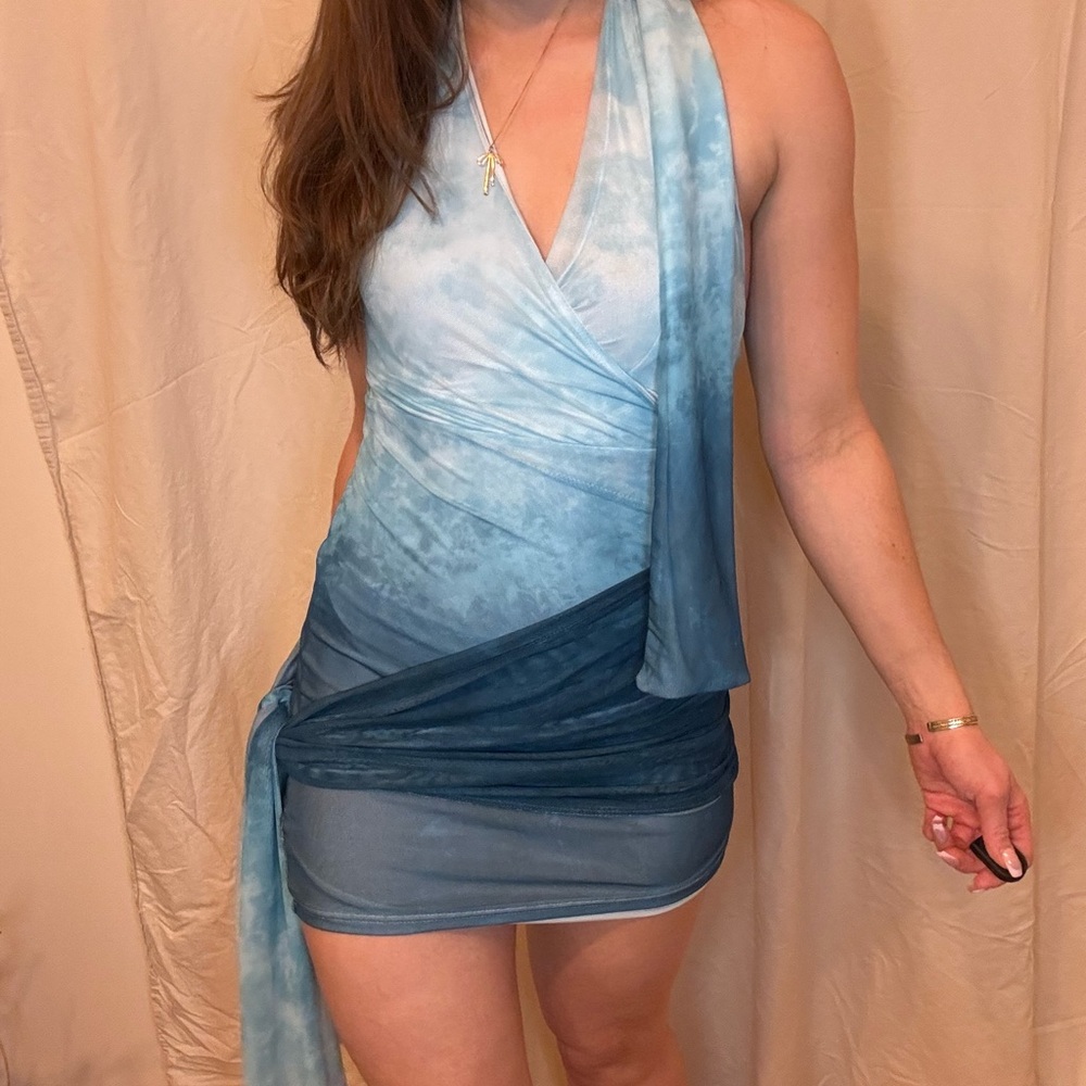 Blue Tie-Dye Halter Mini Dress